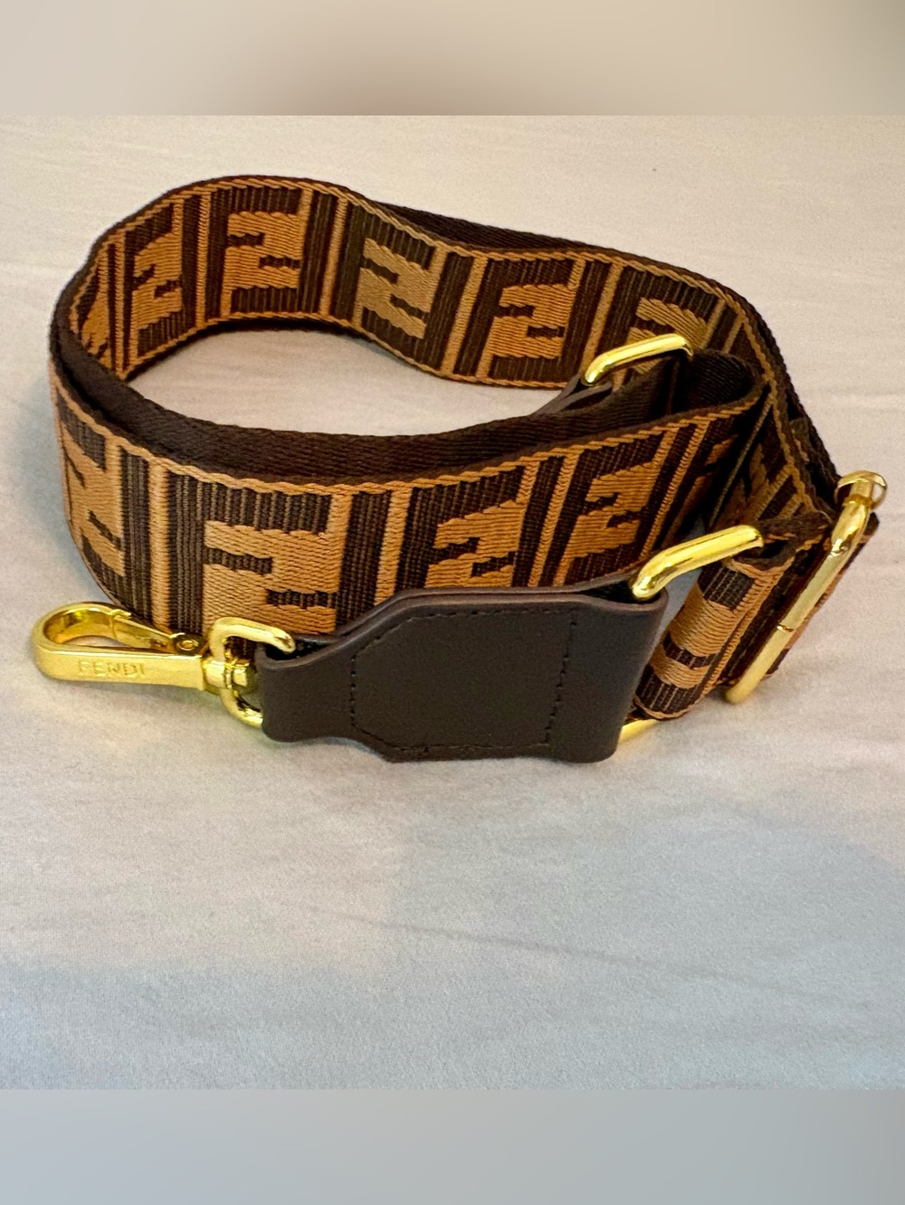 Brown Designer Inspired FF Logo Adjustable Bag Strap Gold Hardware